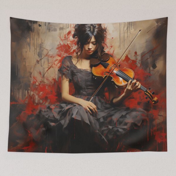 Item preview, Melody & Ink: The Tattoo-Styled Muse with a Violin Against a Crimson Grunge Canvas designed and sold by oanaunciuleanu.