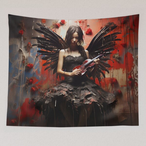 Item preview, Melody & Ink: The Tattoo-Styled Muse with a Violin Against a Crimson Grunge Canvas designed and sold by oanaunciuleanu.