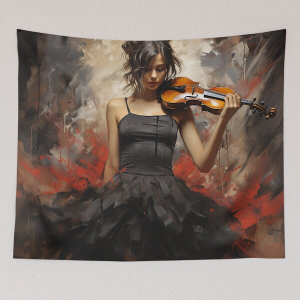 Item preview, Melody & Ink: The Tattoo-Styled Muse with a Violin Against a Crimson Grunge Canvas designed and sold by oanaunciuleanu.