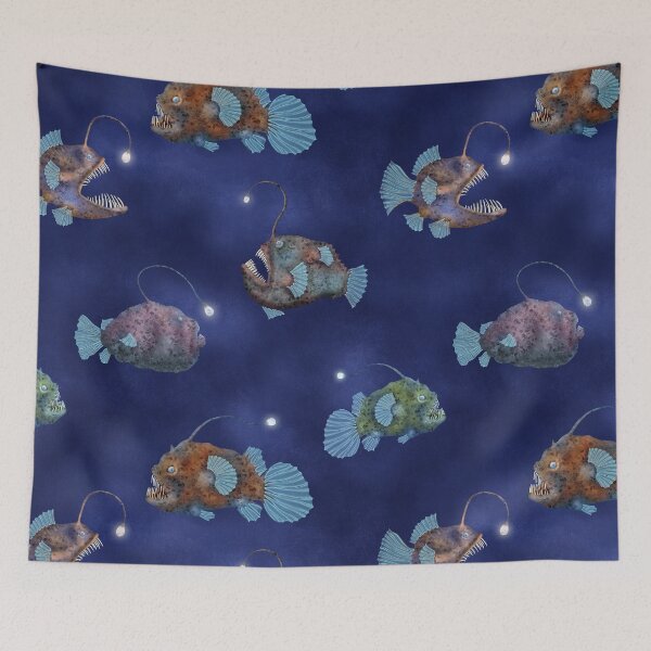 Item preview, Deepwater Anglerfish watercolor print. Creepy sea creature illustration. Blue ocean pattern  designed and sold by likapix.