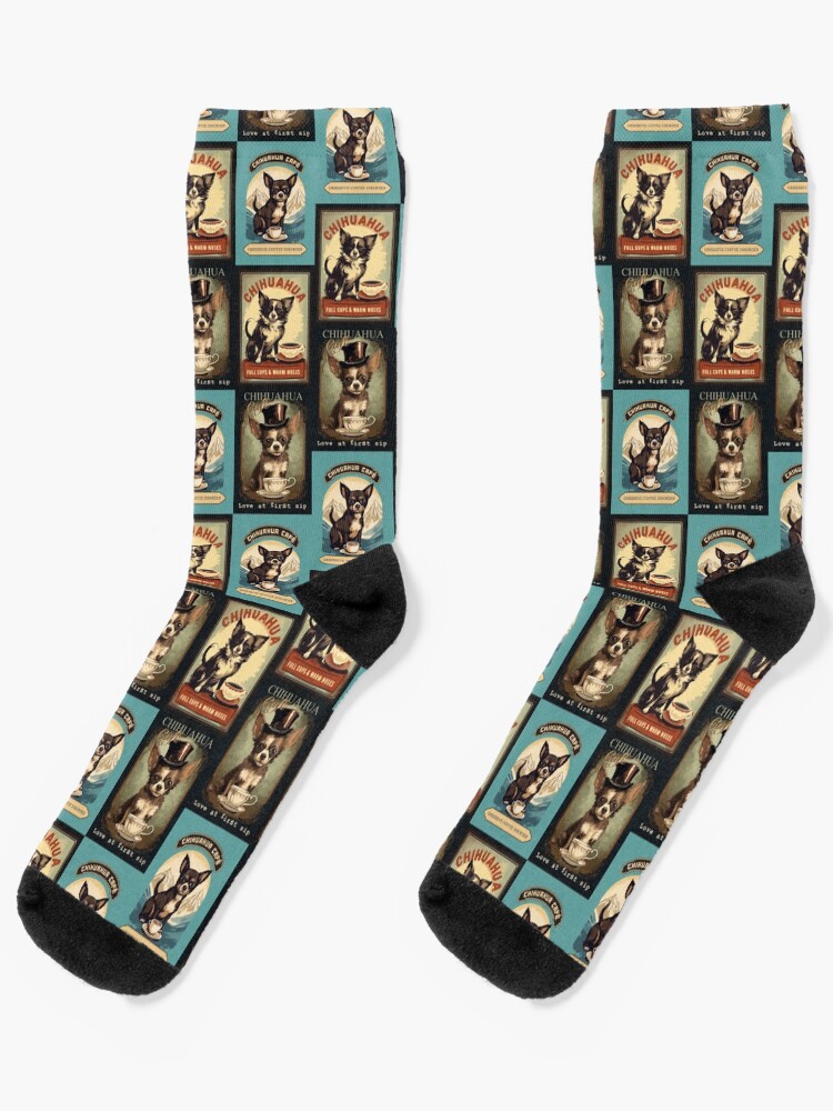 Socks, Chihuahua Cafe Vintage Signs Tiled Pattern designed and sold by Triplicate Limited