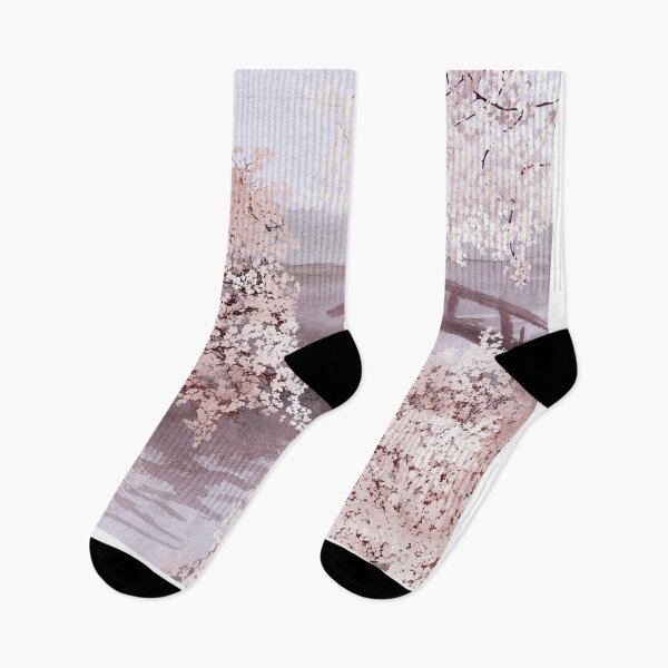 Item preview, Sakura blooming trees, bridge on river watercolor. Cherry blossom scenery. Spring nature designed and sold by likapix.
