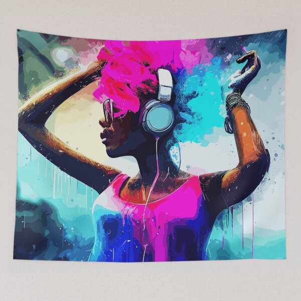 Item preview, DJ afro woman in pink hairs designed and sold by TomFrontierArt.