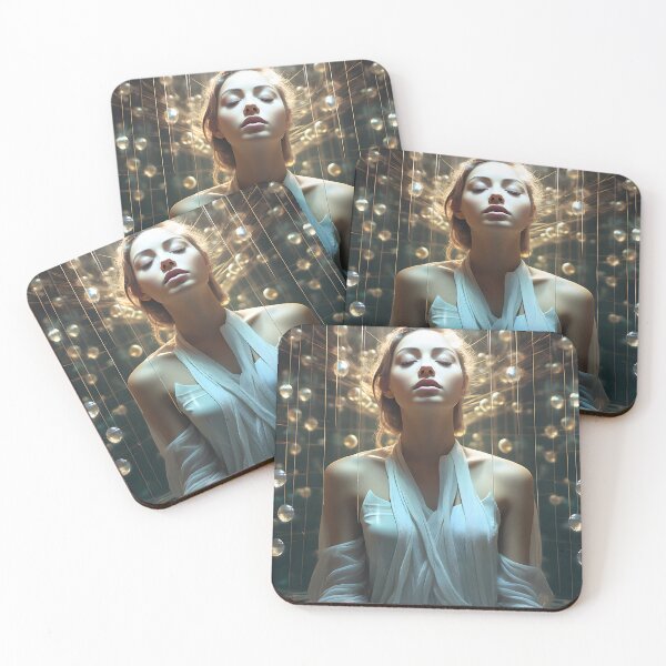 Item preview, Woman in white dress sitting in the center of balls in the style of illusory portrait designed and sold by AI-Only Creations.
