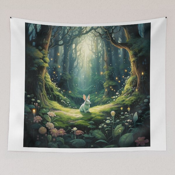 Item preview, Enchanted Oasis: Small White Bunny Amid Ethereal Forest Lights designed and sold by Christian Weiss.
