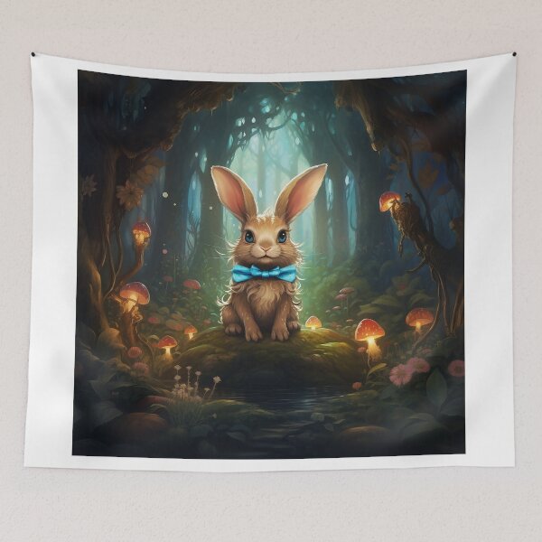 Item preview, Forest Elegance: Brown Bunny with Blue Bowtie Amidst Glowing Mushrooms designed and sold by Christian Weiss.