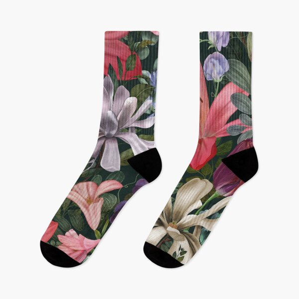 Item preview, Dark tropical flowers and leaves print. Watercolor Star Magnolia, Lily, Sweet pea, Tulip flower. Exotic flowers blossom designed and sold by likapix.