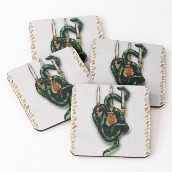 Item preview, Dark academia art gothic green snake snuggles a gold candelabra framed by gold olive leaves designed and sold by Monica Laipple.