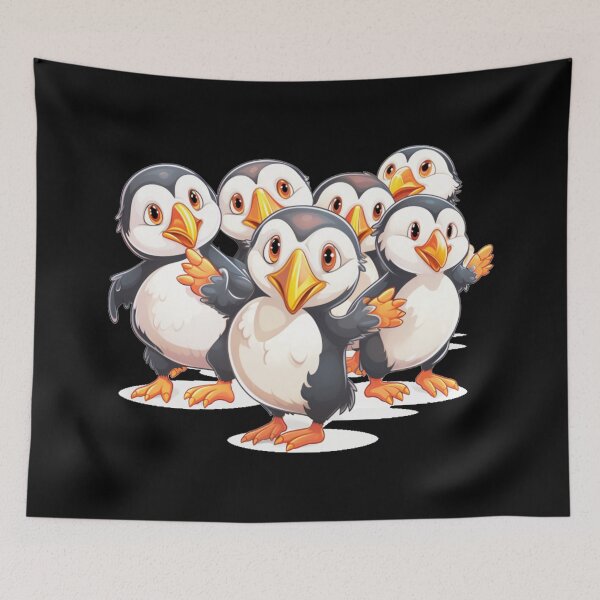 Item preview,  a group of cute puffins dancing together (black background) designed and sold by Tabuku.