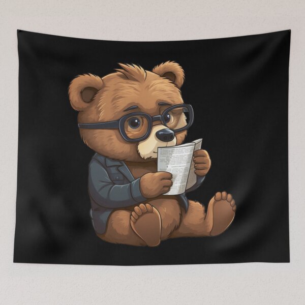 Item preview, Bear reading paper (black background) designed and sold by Tabuku.