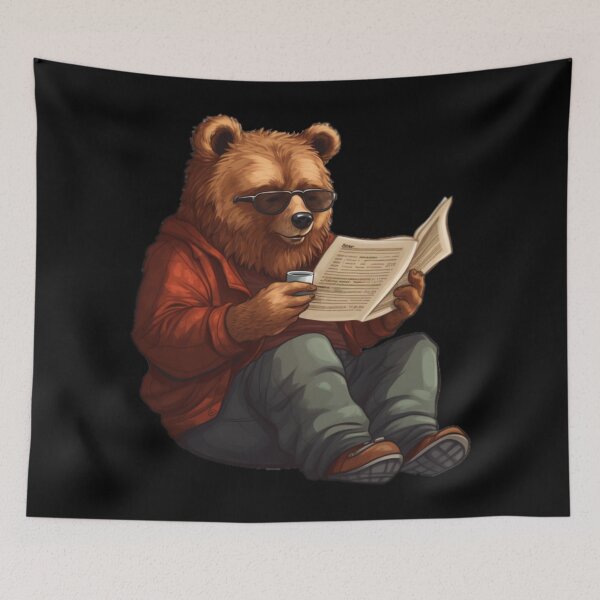 Item preview,  Bear reading paper (black background) designed and sold by Tabuku.