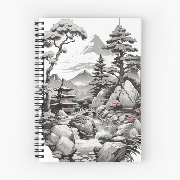 Artikelvorschau, Schwarz-weißer japanischer Schlossteich entworfen und verkauft von PCGDrawing.