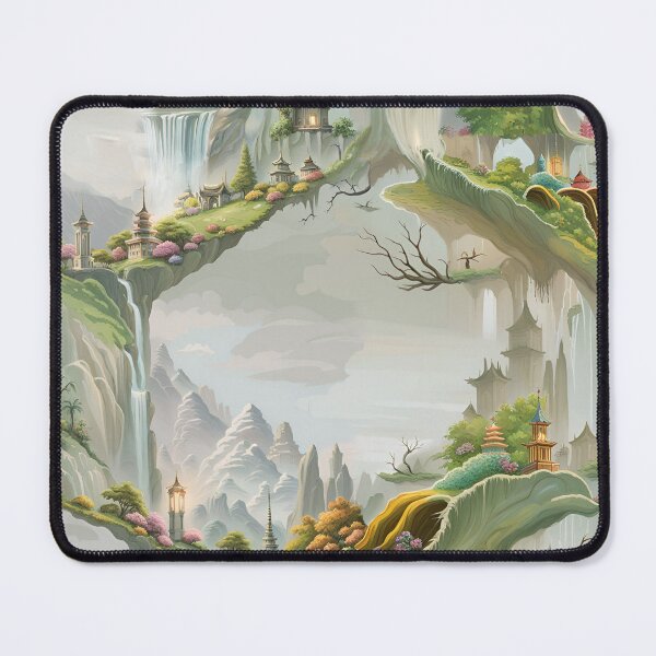 Item preview, chinese pattern, pagoda, tree, roots, waterfall, mountains, atmosphere, classics, spring summer, rhombuses, geometry, landscape designed and sold by Maria Mihailova.