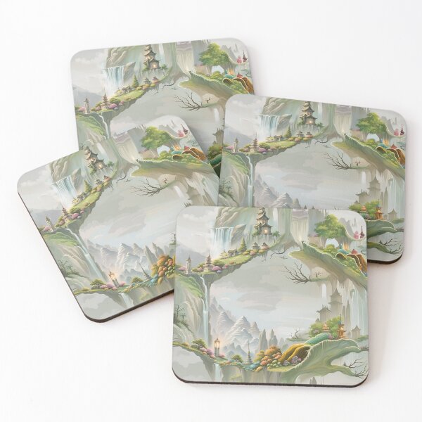 Item preview, chinese pattern, pagoda, tree, roots, waterfall, mountains, atmosphere, classics, spring summer, rhombuses, geometry, landscape designed and sold by Maria Mihailova.