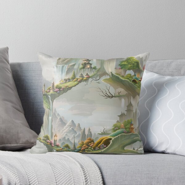 Item preview, chinese pattern, pagoda, tree, roots, waterfall, mountains, atmosphere, classics, spring summer, rhombuses, geometry, landscape designed and sold by Maria Mihailova.