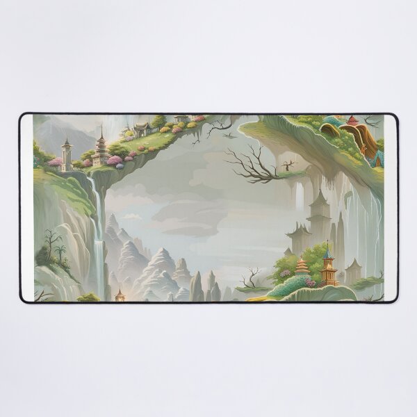 Item preview, chinese pattern, pagoda, tree, roots, waterfall, mountains, atmosphere, classics, spring summer, rhombuses, geometry, landscape designed and sold by Maria Mihailova.