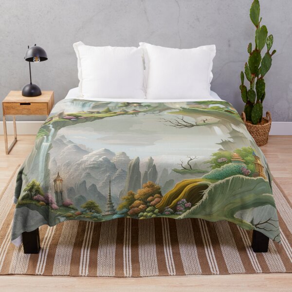 Item preview, chinese pattern, pagoda, tree, roots, waterfall, mountains, atmosphere, classics, spring summer, rhombuses, geometry, landscape designed and sold by Maria Mihailova.