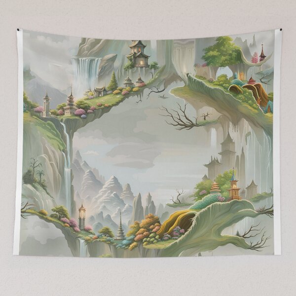 Item preview, chinese pattern, pagoda, tree, roots, waterfall, mountains, atmosphere, classics, spring summer, rhombuses, geometry, landscape designed and sold by Maria Mihailova.