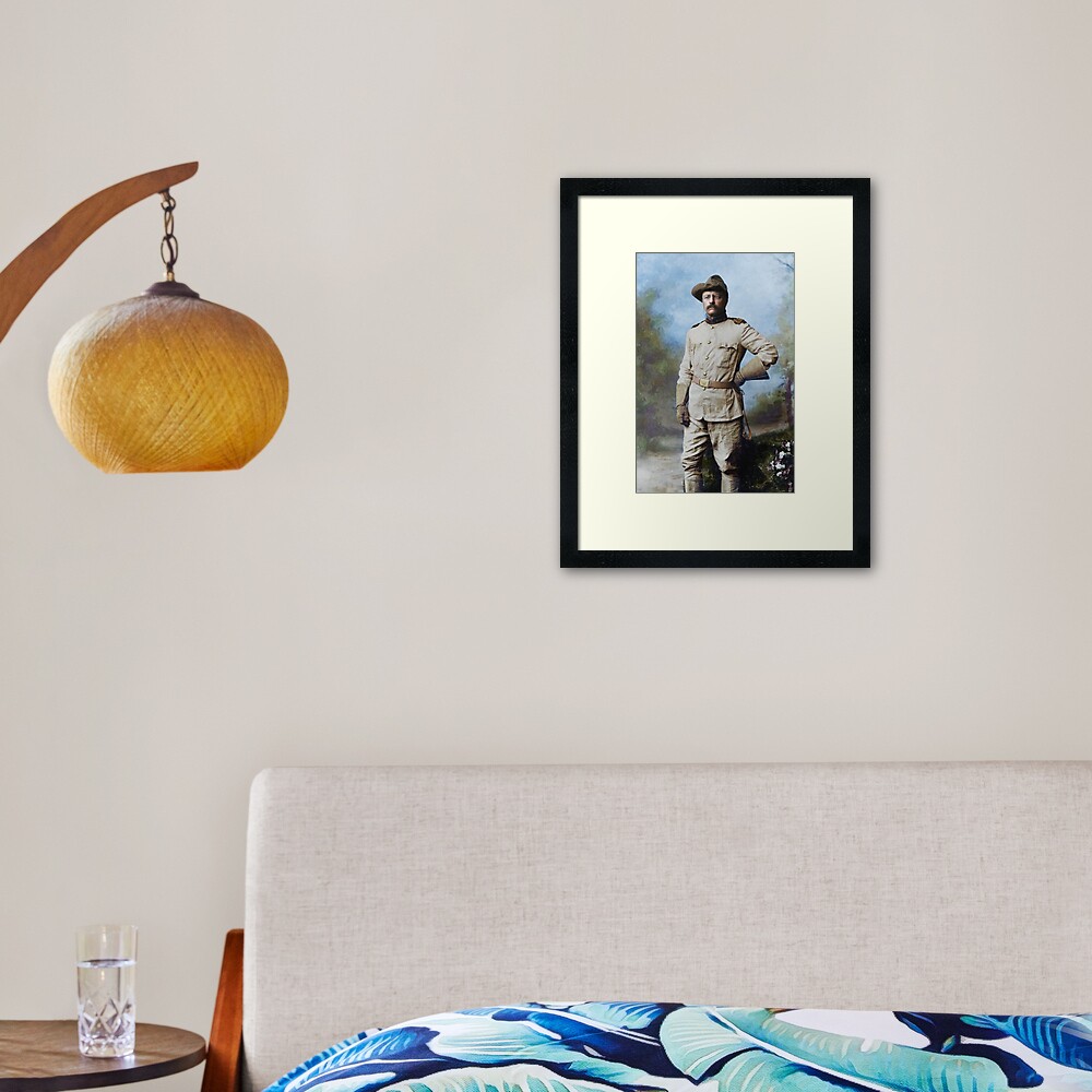 President Theodore Roosevelt in his Rough Riders uniform with his signature blue polka-dotted scarf, 26 October 1898. Framed Art Print