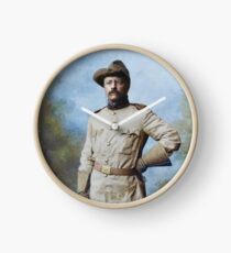President Theodore Roosevelt in his Rough Riders uniform with his signature blue polka-dotted scarf, 26 October 1898. Clock