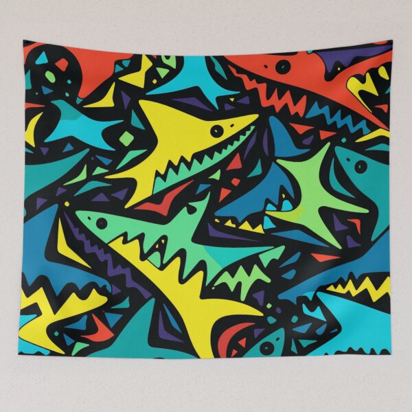 Item preview, Colorful fantasy pattern orange blue red green yellow black ornaments sharks monsters designed and sold by G-M-Designs.