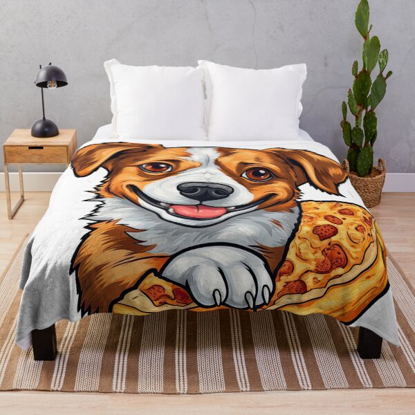Item preview, dog eats pizza on a blue background designed and sold by abmkf.