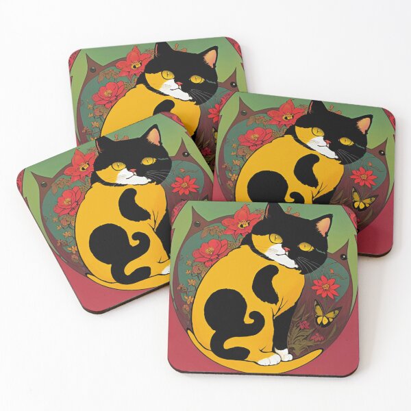 Item preview, Cute Kitten on Art Nouveau Flowery Red Background designed and sold by paulagonig.
