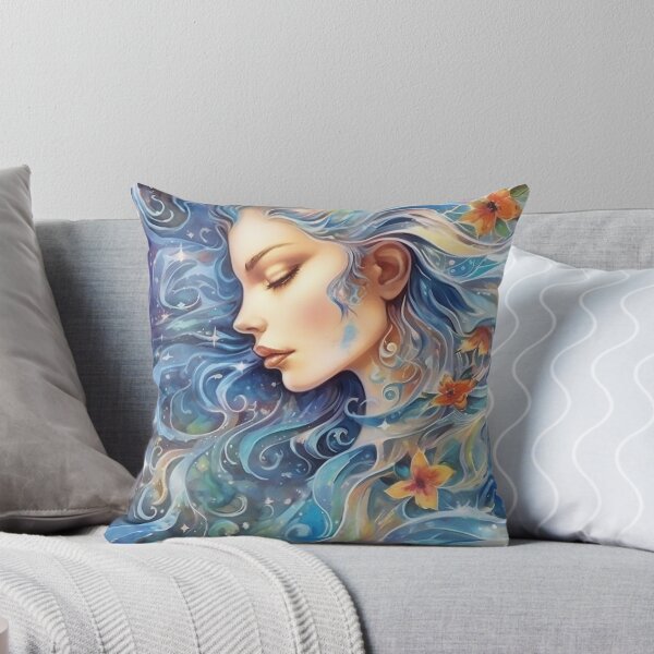 Artikelvorschau, Aquarell schöne Mondgöttin mit langen, gewellten Haaren entworfen und verkauft von WallWhimsyWorks.