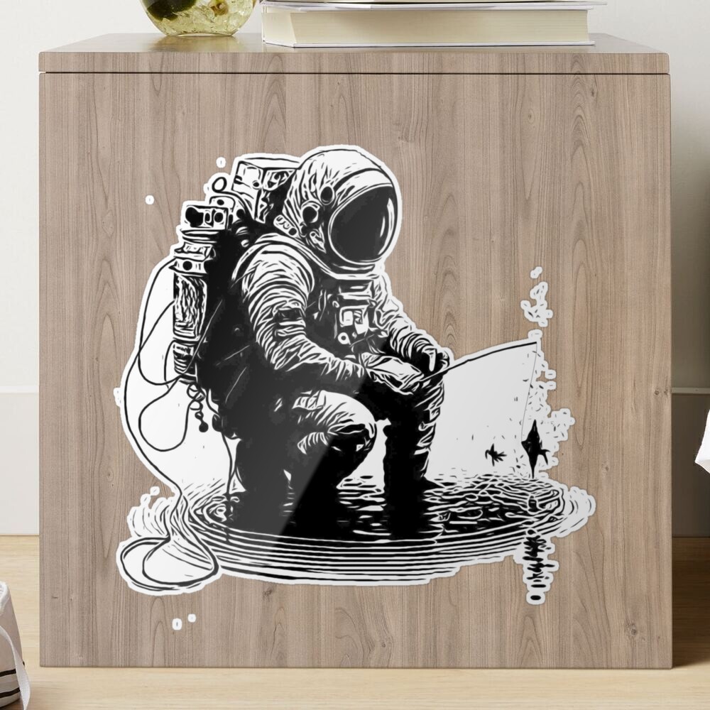 Astronaut on Fishing Outer Space Universe Black White Moon Mars Sticker by  Tomioka-Art