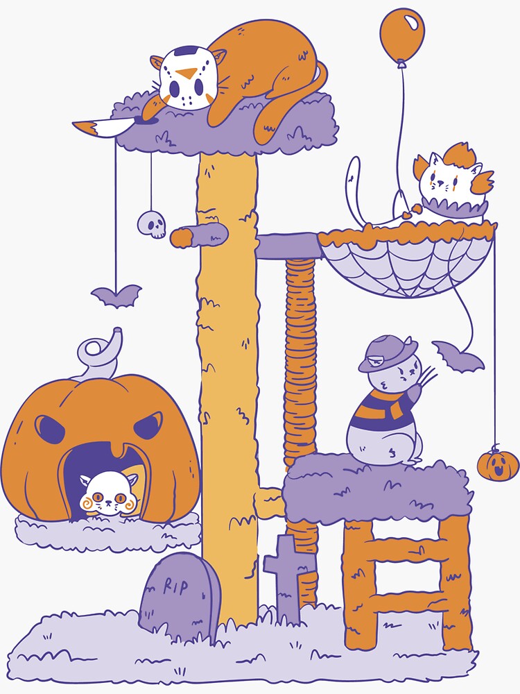 Cute and Spooky Cats on Cat Trees Ready for Halloween Sticker