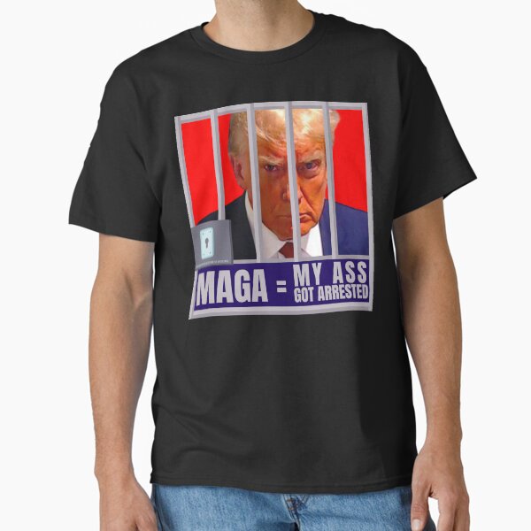 Vista previa del artículo con la obra «PMD01041 Diseños de movimiento progresista Foto policial de Trump MAGA My Ass Got Arrested diseño para la resistencia demócrata liberal contra la intolerancia, para demócratas liberales o progresistas contra Trump Republicanos», diseñado y vendido por ProgressiveLeft.