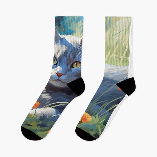Artikelvorschau, Russische blaue Katze auf einer Blumenwiese entworfen und verkauft von Jennifer Stoyanov.