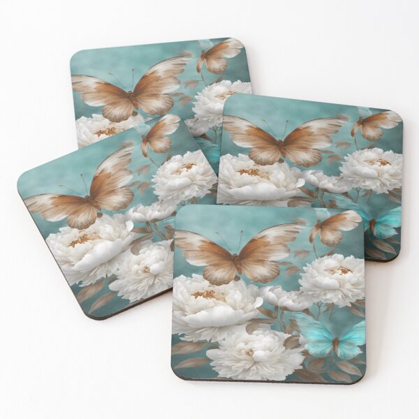 Item preview, White Peonies Shiny Transparent Rusty Turquoise Butterfly Wings Flying Papillon designed and sold by WearWolfDesigns.