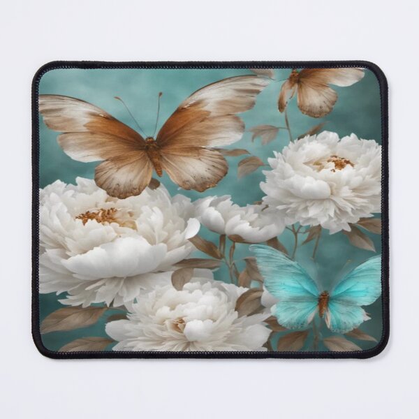 Item preview, White Peonies Shiny Transparent Rusty Turquoise Butterfly Wings Flying Papillon designed and sold by WearWolfDesigns.