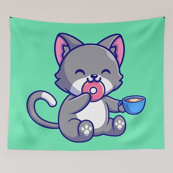 Item preview,  Cute Cat Enjoying Donut and Coffee Cartoon Icon designed and sold by hjian8219.