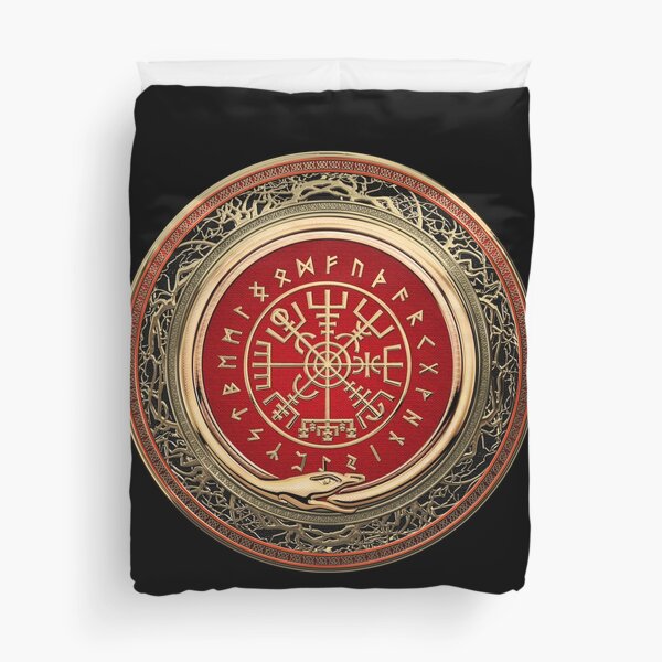 Vegvisir - A Gold Magic Viking Runic Compass on Black Leather Duvet Cover