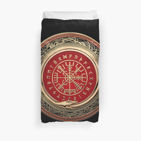 Vegvisir - Une boussole runique Viking Gold Magic sur cuir noir Housse de couette