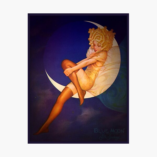 Vintage Woman Posing on a Crescent Moon Silk Stockings fashion advert Photographic Print