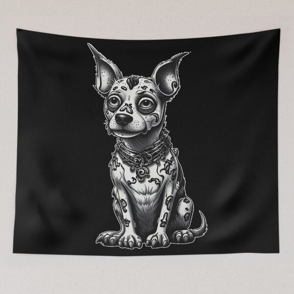 Item preview, Black and White Weird Funny Cartoon Spooky Dog Tattoo designed and sold by Cesar Caligula.