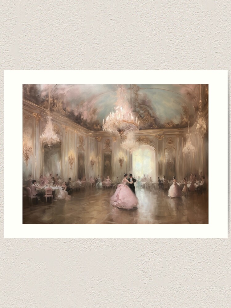 Thumbnail 1 of 3, Art Print, Coquette aesthetic vintage painting of an old pink ballroom designed and sold by CoquetteArt.