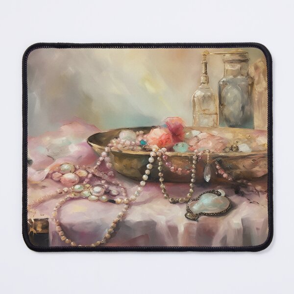 Item preview, Coquette aesthetic vintage painting of a nature morte with jewellery designed and sold by Coquette Art.