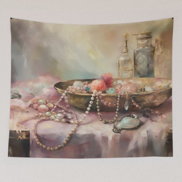Item preview, Coquette aesthetic vintage painting of a nature morte with jewellery designed and sold by Coquette Art.