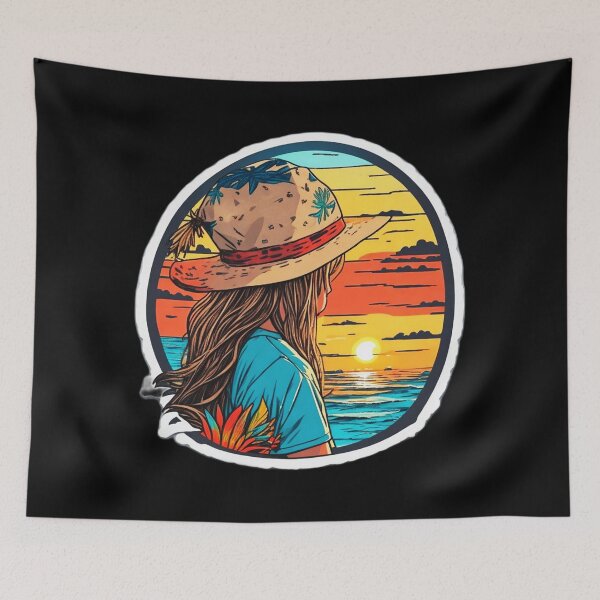 Item preview, Girl with Hat Watching Retro Sunset at The Beach designed and sold by Ridiculam Toga.