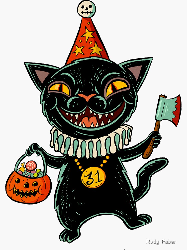 Thumbnail 3 of 3, Sticker, Happy Halloween - black cat designed and sold by Rudy Faber.