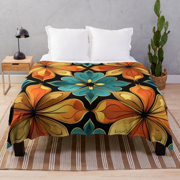 Artikelvorschau, Buntes Fantasiemuster gelb orange türkis schwarz Blüten Gitter entworfen und verkauft von G-M-Designs.