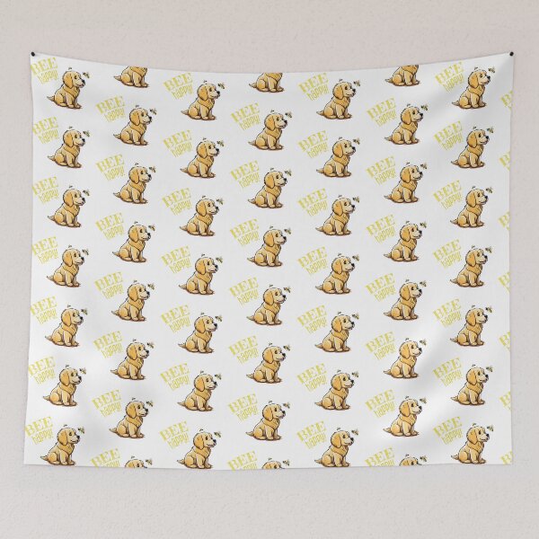 Item preview, cute golden retriever puppy dog and bees with words Bee happy! designed and sold by planetgolden.