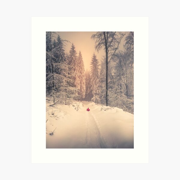 Snow in the mountains and sledding fun Art Print