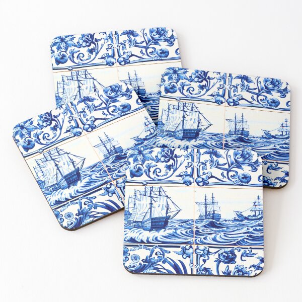 Item preview, Retro Blue and White Ship Porcelain Tiles designed and sold by RachelRebel.