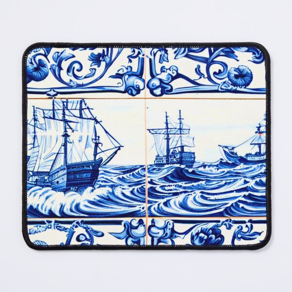 Item preview, Retro Blue and White Ship Porcelain Tiles designed and sold by RachelRebel.