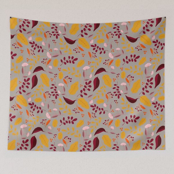 Item preview, Pattern with colourful autumn leaves and flowers in beige designed and sold by BosskaDesign.